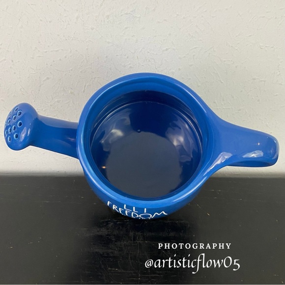 NEW! Rae Dunn Let Freedom Rain Blue Ceramic Watering Can - Picture 4 of 6